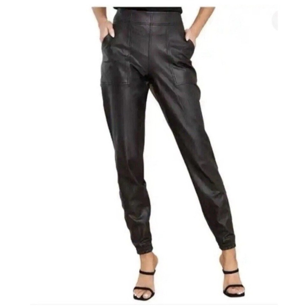 Spanx Women M Leather Like Jogger Pants Black High Rise Faux Pull On Pockets NEW
